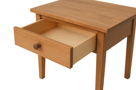 Wooden side table with open drawer isolated on transparent background
