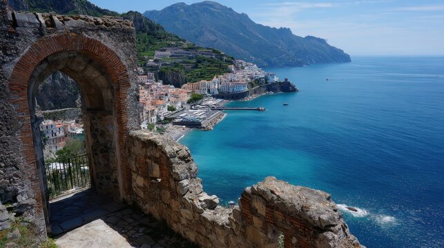 Dramatic coastal landscape capturing cetara village, mediterranean sea embracing rocky mountains, framed by rustic stone archway highlighting scenic amalfi coastline