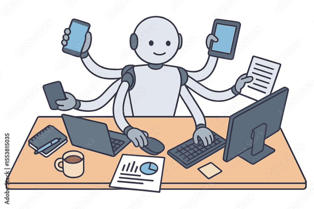 Poster a robot with multiple hands operates digital devices on an office desk, showcasing a working process