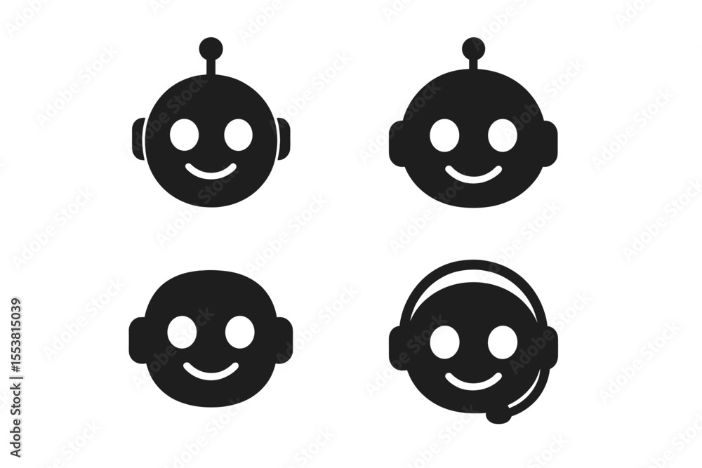 Poster a collection of black robot smiling face icons, featuring futuristic and cute help bots in a minimal