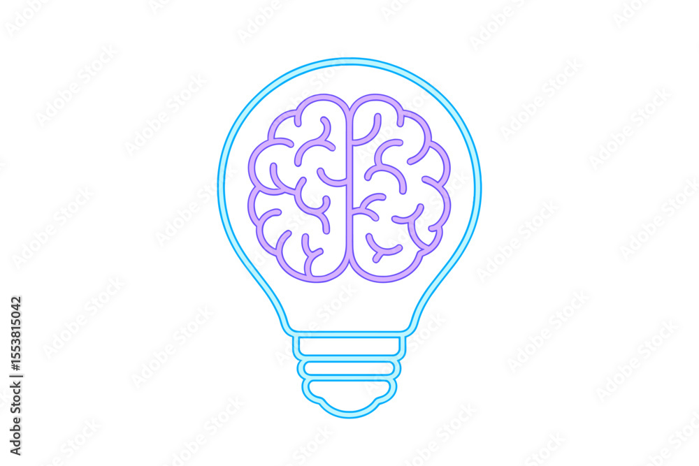 Poster a glowing light bulb with a blue abstract hue contains brains that are violet in color