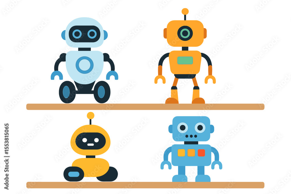Poster a set of flat vector illustrations featuring robots, including droids on wheels and with legs, showc