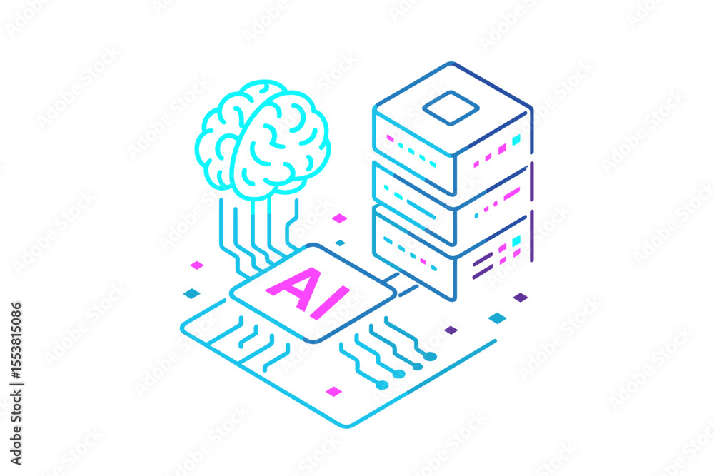 Poster digital technology design element featuring a dark neon isometric icon of a computer brain, server r