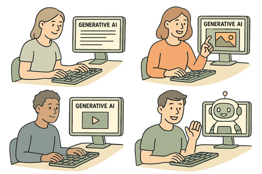 media includes texts, images, and videos, as well as hand-drawn composition sets, with people utilizing AI to generate content, featuring computer users and cute robots, and incorporating