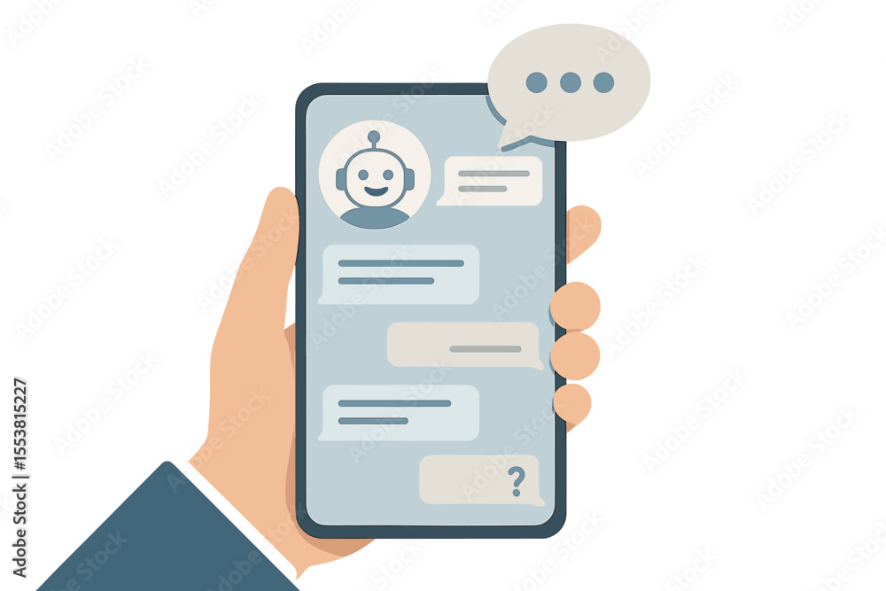 Poster a vector concept background depicting an online chatbot, where a human hand holds a smartphone to in