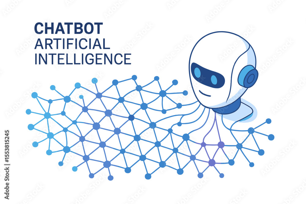 Poster the concept of a chatbot network is depicted in an isometric vector illustration, featuring a neuron
