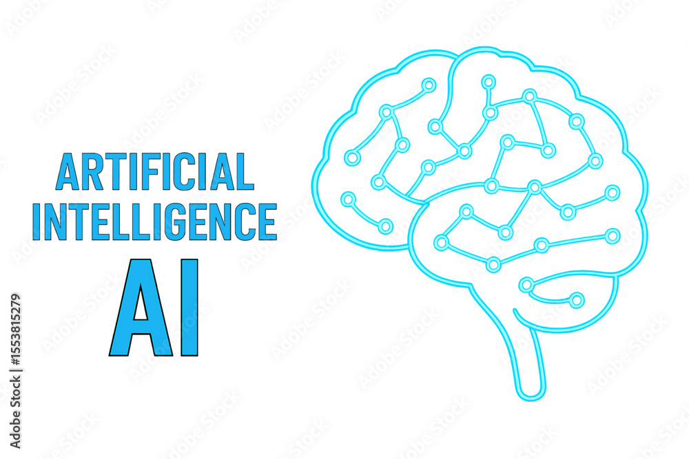 Poster a ai web banner features a neon halogen brain from neural networks in blue, accompanied by text