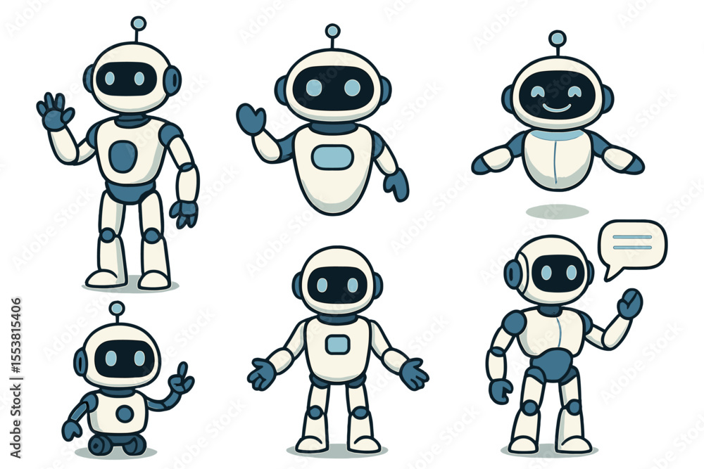 Poster robots and chatbots, along with ai bots characters, are depicted as vector cartoon vector future mas