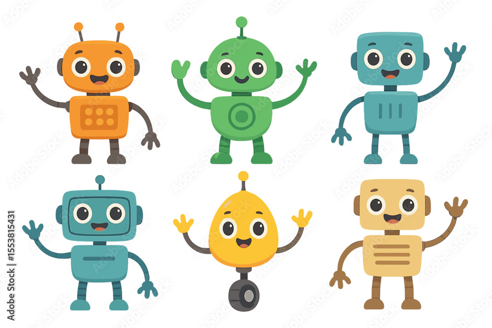Aufkleber a set of vector illustrations featuring cute comic robots in various shapes is available, showcasing
