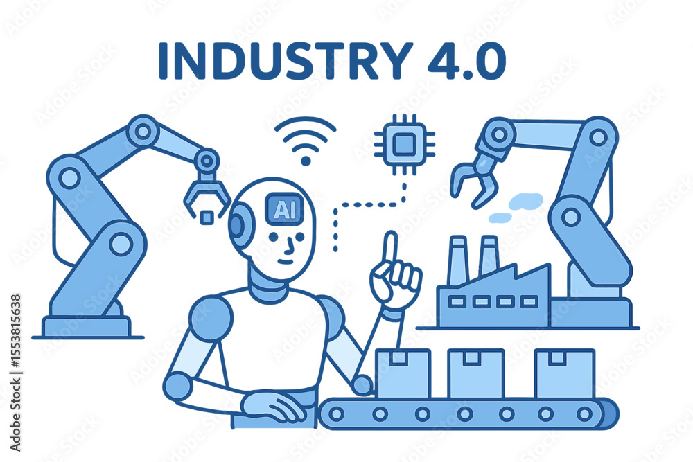 Poster the industry 0 concept is represented by a banner featuring a robot with ai control on a production 