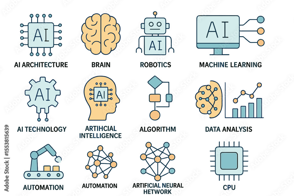 Poster the ‘ - icon collection’ features a thin line set that includes icons for ai architecture, brain, ro