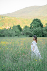 Pregnant woman holds her hands on her belly, walking in the field in anticipation of the baby....