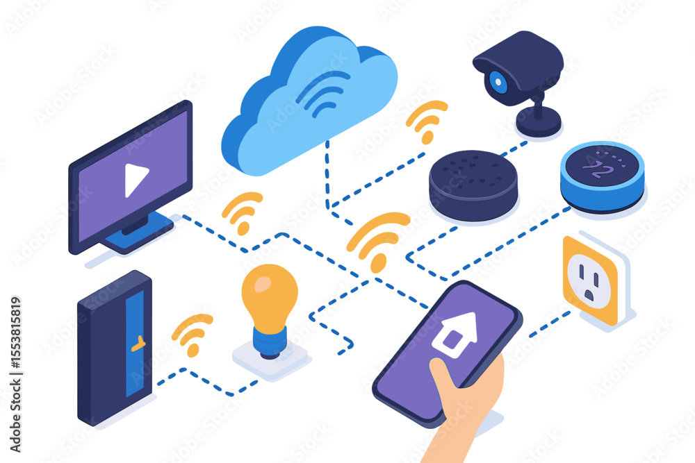 Poster isometric color vector illustration of iot, featuring devices controlled remotely online as part of 