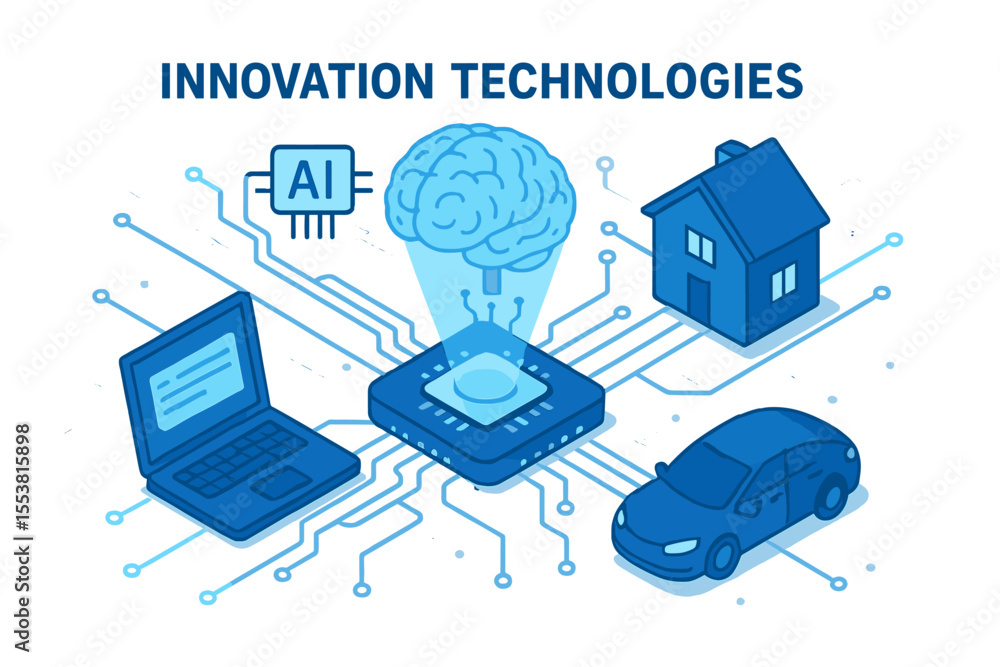 Poster the concept of innovation technologies in life is represented by a banner featuring a vector isometr