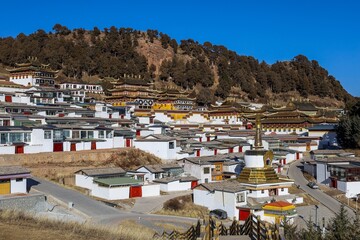 Panoramic view of Taktsang Lhamo Monastery in Langmusi, a traditional Tibetan Buddhist monastic town nestled in the Amdo region's mountainous landscape.

