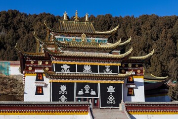 Taktsang Lhamo Monastery in Langmusi, a traditional Tibetan Buddhist monastery in Amdo region (now Gansu), features intricate architecture and vibrant religious motifs.