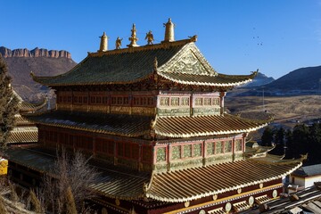 Golden-roofed Taktsang Lhamo Monastery in Langmusi, a sacred Tibetan Buddhist site in the Amdo region, showcasing intricate architecture amid serene highland landscapes.