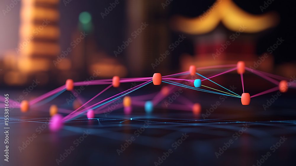 Poster interconnected network: vibrant nodes linked by colorful lines against a blurred cityscape backdrop.
