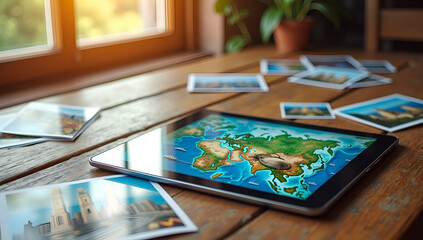 Modern Exploration: A Tablet's Map Amongst Scenic Snapshots