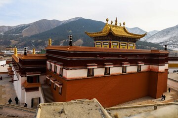 Golden-roofed hall of Labrang Monastery, a major Tibetan Buddhist center in the Amdo region (now...