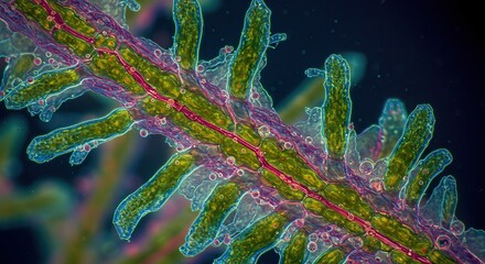 Microscopic view of cilia beating in coordinated waves facilitating movement and cellular transport