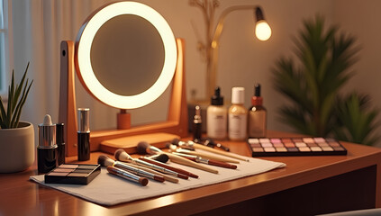 Amber Glow: Mahogany Vanity with Ambient Lighting