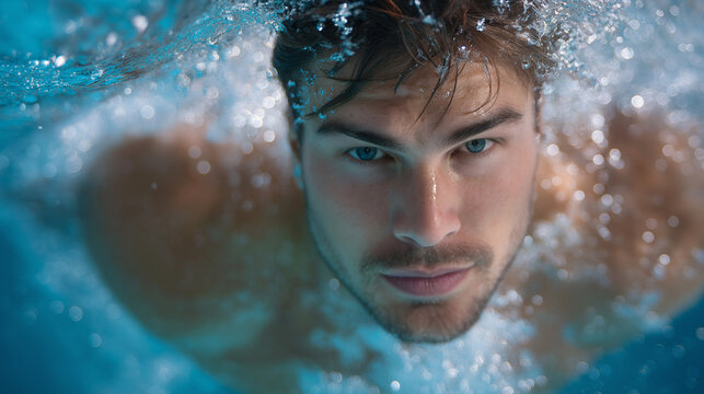 Professional swimmer gliding underwater in a serene pool setting