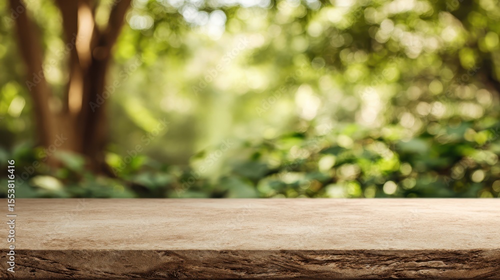Poster wooden table surface with soft green forest bokeh, offering serene backdrop for minimalist product p