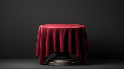 Luxurious red velvet tablecloth draping round table, casting dramatic shadows against dark background, highlighting rich texture and creating sophisticated visual storytelling