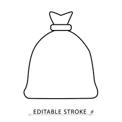 A trash bag icon in minimalist style with editable stroke. Garbage sack, waste disposal, plastic bag, cleaning object, sanitation symbol, rubbish container, outline illustration, vector icon.