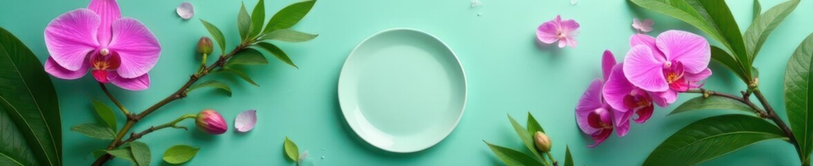 Obraz premium Empty white plate atop vibrant orchid, green backdrop, still life, simple, beauty