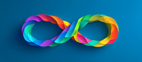 World autism awareness day background. Rainbow colored infinity on blue background. Infinity is symbol of autism disorder, adhd, neurodiversity