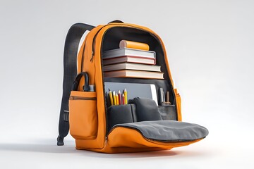 Fototapeta premium Backpack of Education: An open orange backpack is overflowing with school supplies, signifying preparation, learning, and scholastic pursuits.