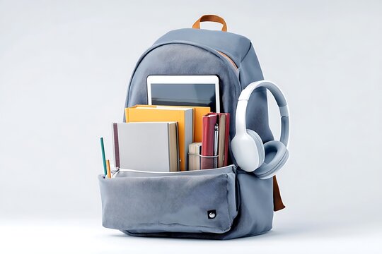Backpack Essentials: A modern backpack is perfectly arranged with essential items, a testament to preparedness, and an invitation to learn. The scene is captured in vibrant detail.