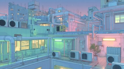 Pastel City Rooftop Scene.
