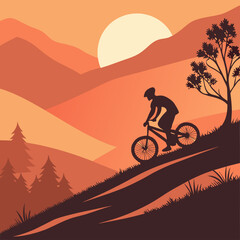 Obraz premium The sun sinks behind distant mountains while a biker coasts downhill, framed by fiery orange skies
