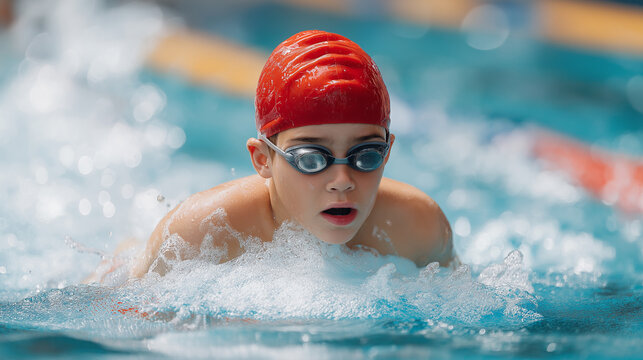 A boy swimmer in a red cap performing freestyle in a pool