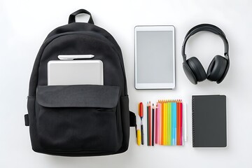 Backpack Essentials: A neatly arranged composition showcasing essential items for school or travel, presented against a clean and bright backdrop, evoking a sense of preparedness and organization.
