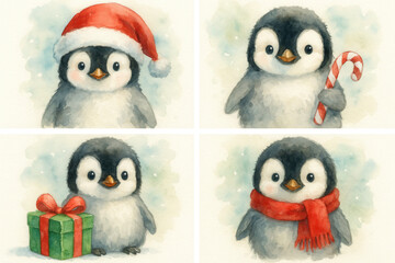 Fototapeta premium Adorable baby penguins wearing christmas hats and scarves with gift boxes creating cute holiday winter animal illustration set 