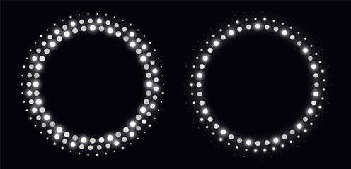 Silver halftone frames, glowing circle borders, round pattern with dots, radial disco luxury design element. Vector illustration.