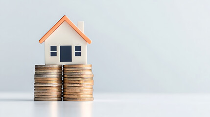 House atop stacks of coins, symbolizing real estate investment and financial security. Saving money for buying a home.