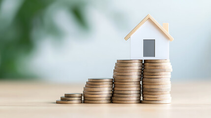 Rising Investment: A miniature house sits atop increasing stacks of coins, symbolizing financial growth and investment in property and future stability.