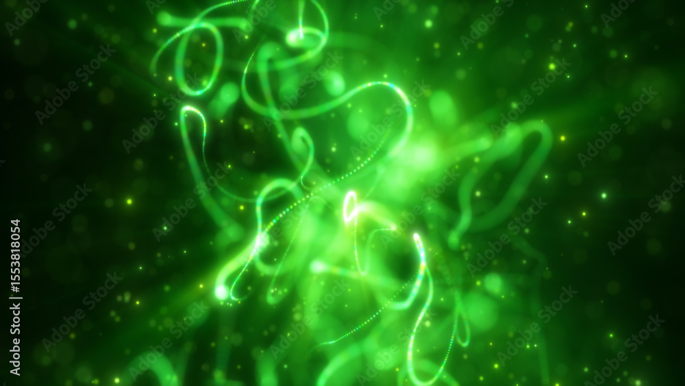 Poster glowing green light trails and particles creating a dynamic and luminous abstract background