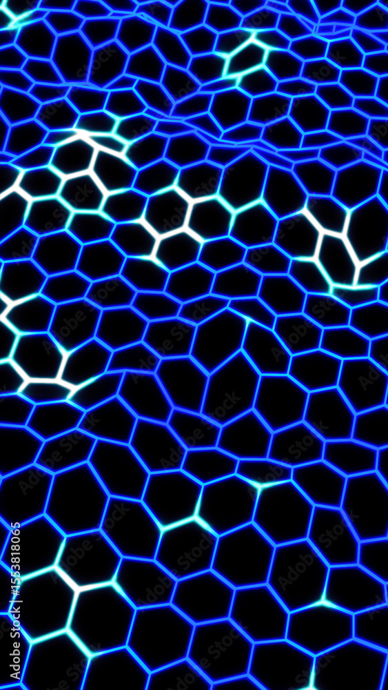 Poster futuristic glowing hexagonal grid pattern with blue electric lines on a dark background