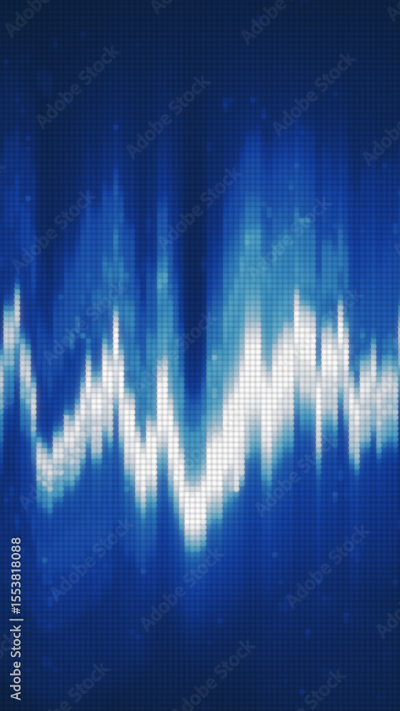 Poster abstract blue audio waveform pattern composed of pixelated vertical light bars on a digital backgrou