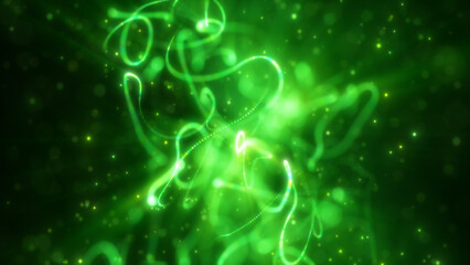 Glowing green light trails and particles creating a dynamic and luminous abstract background