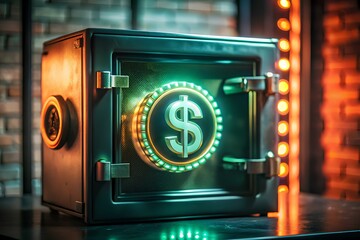 minimalistic safe with glowing dollar sign inside