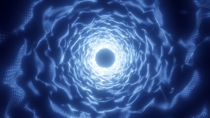 Blue glowing energy portal with wireframe mesh structure, forming a bright circular tunnel of light