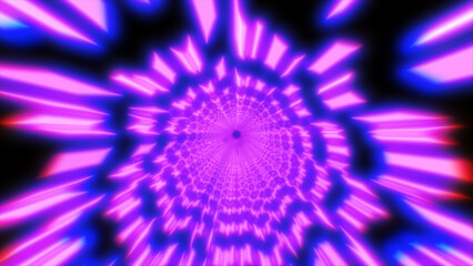Vivid pink and blue tunnel with geometric patterns and glowing spikes, forming a kaleidoscopic spiral effect