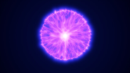 Electric sphere with glowing purple filaments radiating outward from a bright center on a dark background